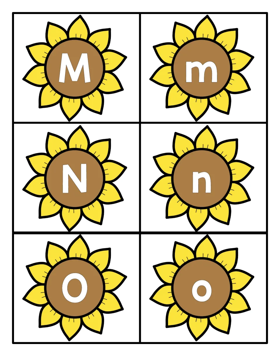 Letters M to O: yellow sunflower cards showing uppercase M, N, O and lowercase m, n, o for matching capital to small