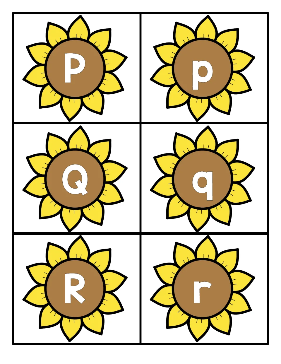 Letters P to R: sunflower cards pairing capital P, Q, R with small p, q, r, including look-alike p and q