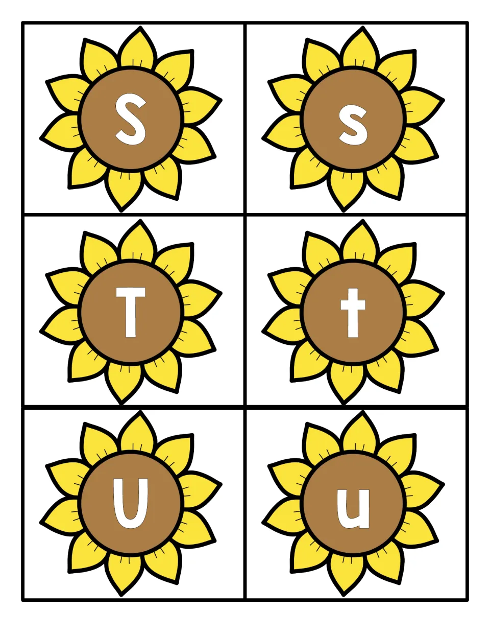 Letters S to U: flower cards with uppercase S, T, U next to lowercase s, t, u for a letter case matching game