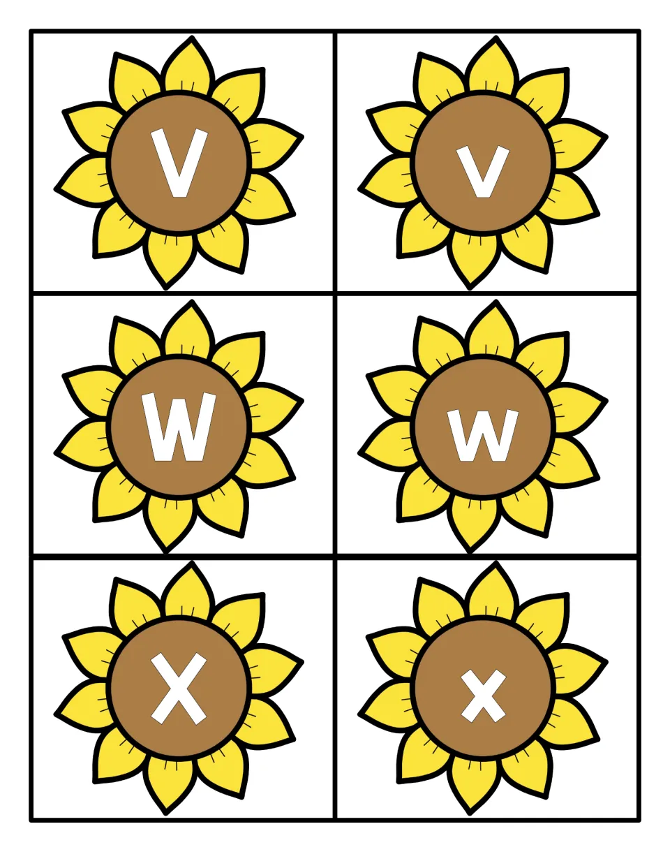 Letters V to X: sunflower cards with capital V, W, X and small v, w, x for naming letters and matching their cases