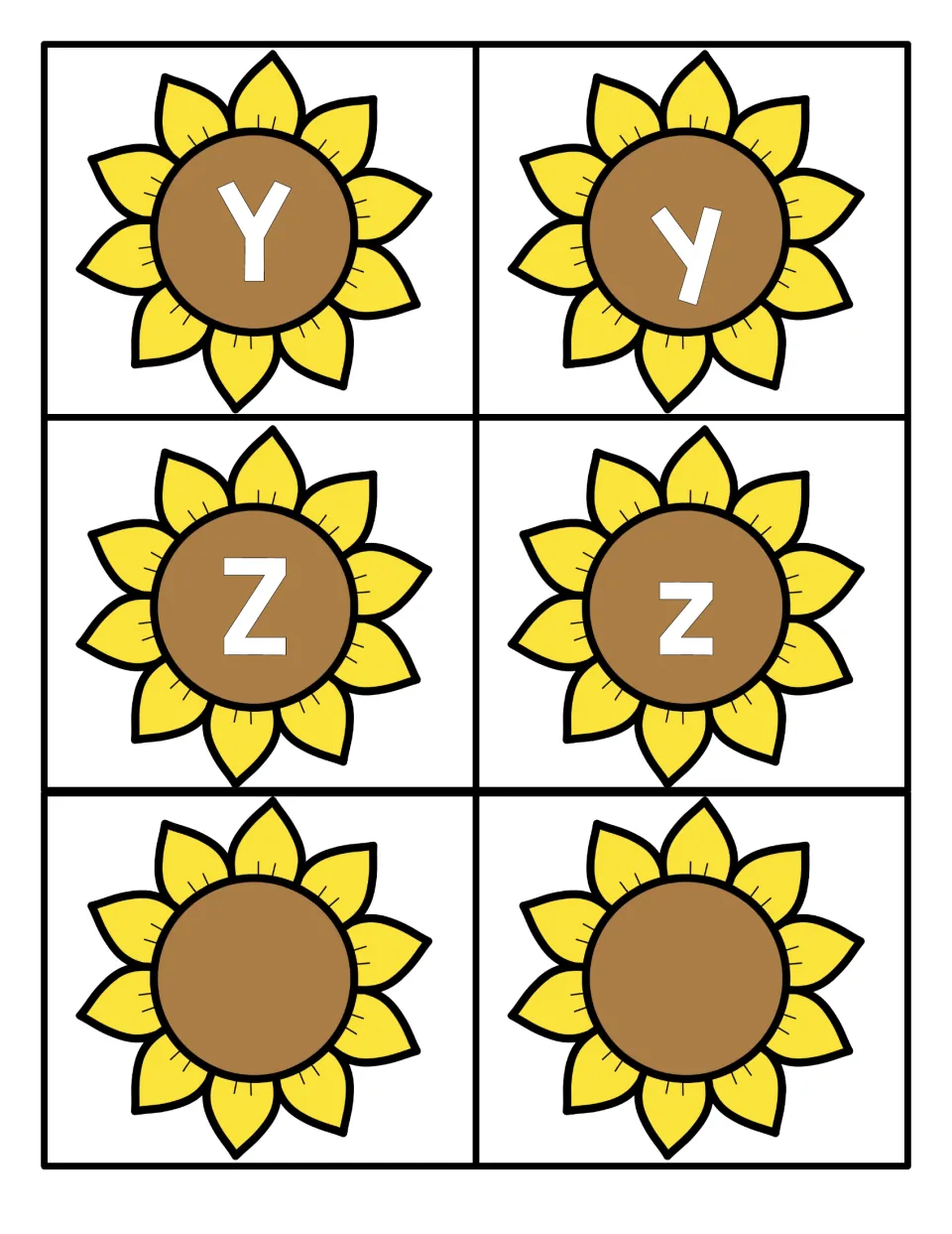 Letters Y and Z: sunflower cards with uppercase Y, Z and lowercase y, z, plus two blank flowers to write extra letters