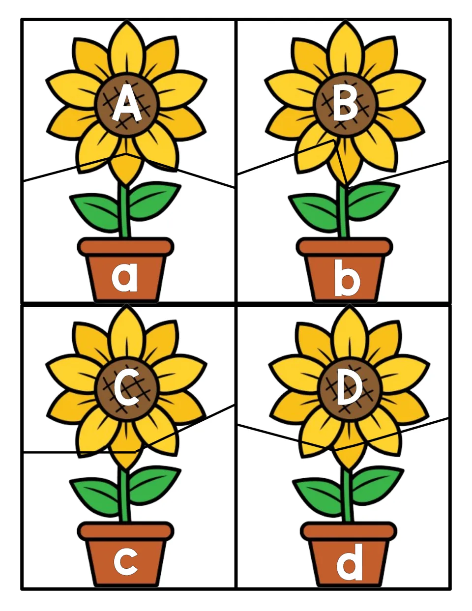 Letter matching A to D: two-piece sunflower puzzles pair capital letters on blooms with lowercase a, b, c, d on pots