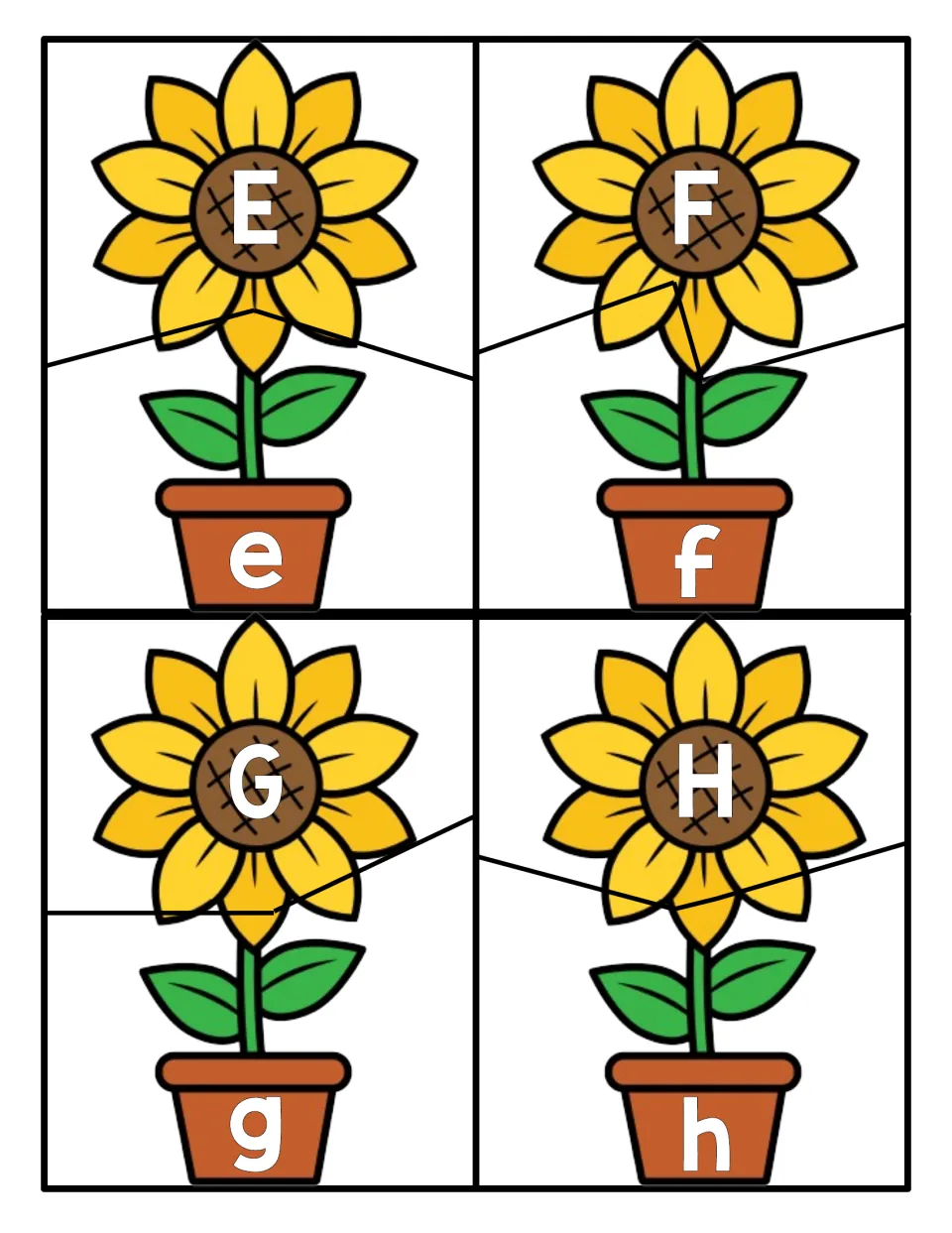 Uppercase and lowercase E to H: students join each sunflower bloom with its pot piece to match E-e, F-f, G-g and H-h