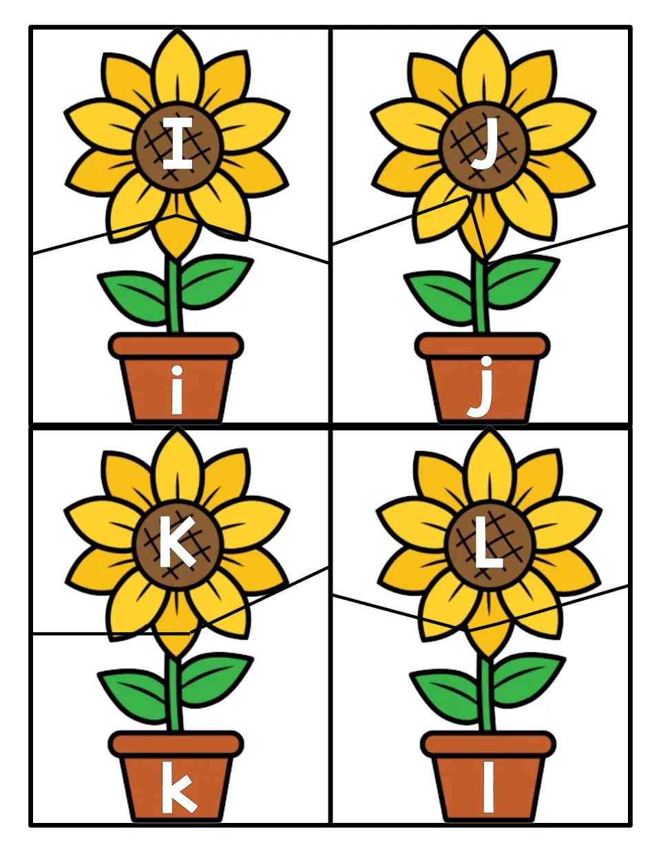 Letters I, J, K and L: children fit each capital-letter sunflower top to the pot showing its lowercase partner i, j, k, l