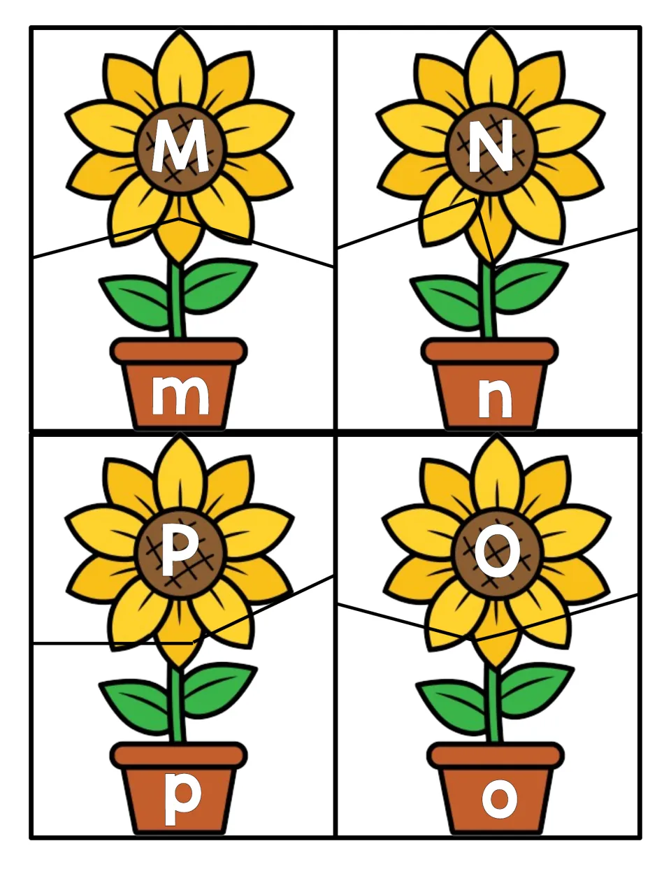 Matching M, N, O and P: sunflower heads with capitals connect to flowerpots marked m, n, o and p, set in mixed order