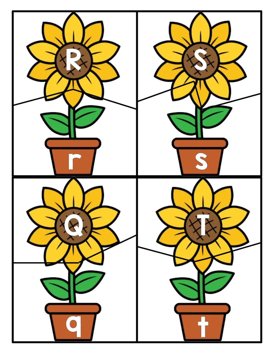 Letters Q through T: capital R, S, Q, T flower tops pair with pots showing r, s, q and t to build upper-lowercase matches