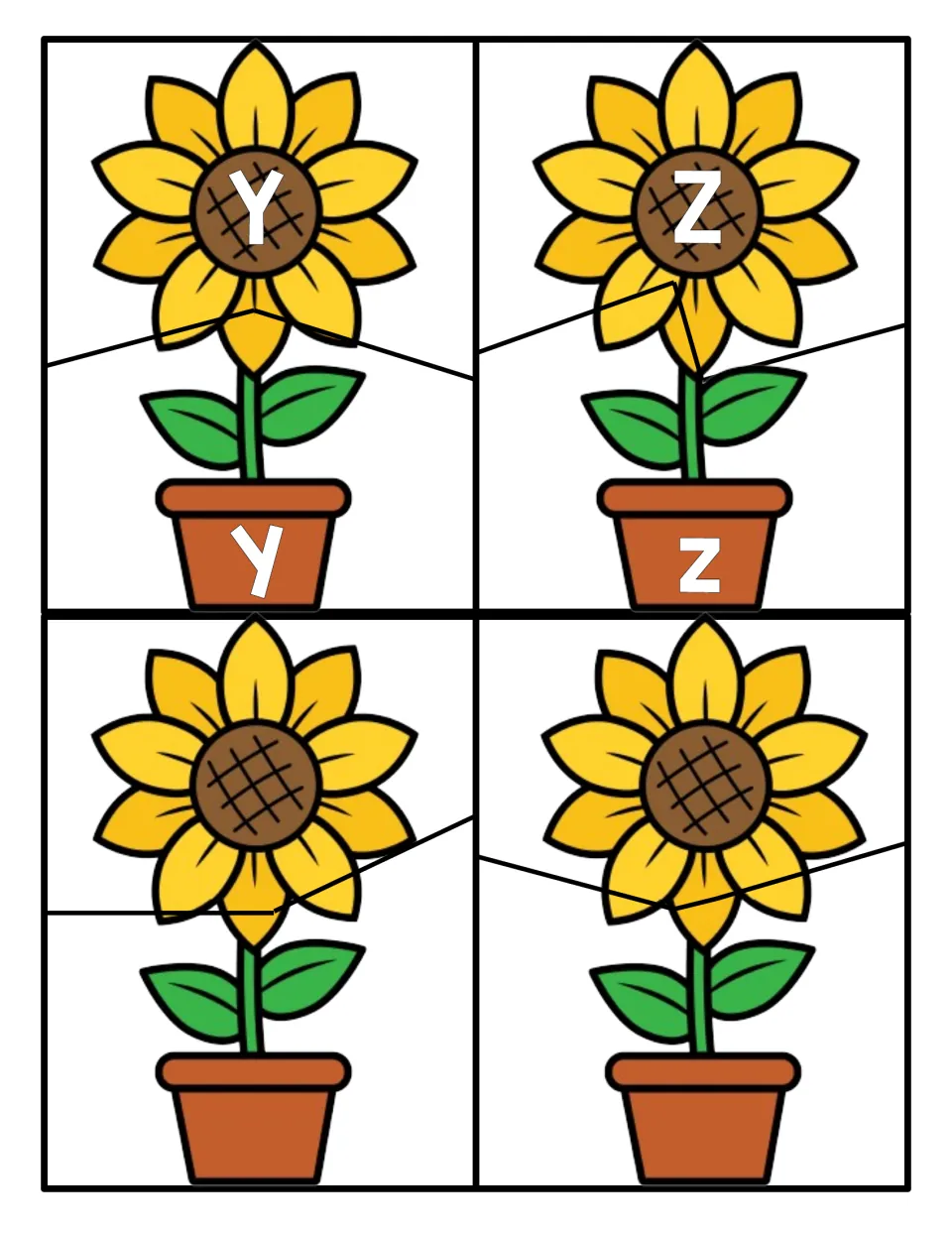 Final letters Y and Z on two-piece sunflower and pot puzzles, plus two blank sunflower puzzles left without any letters