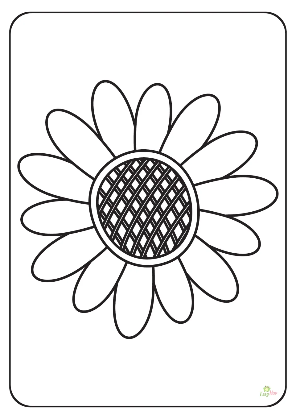Sunflower coloring page in the three-page printable set, featuring one large flower with a patterned center
