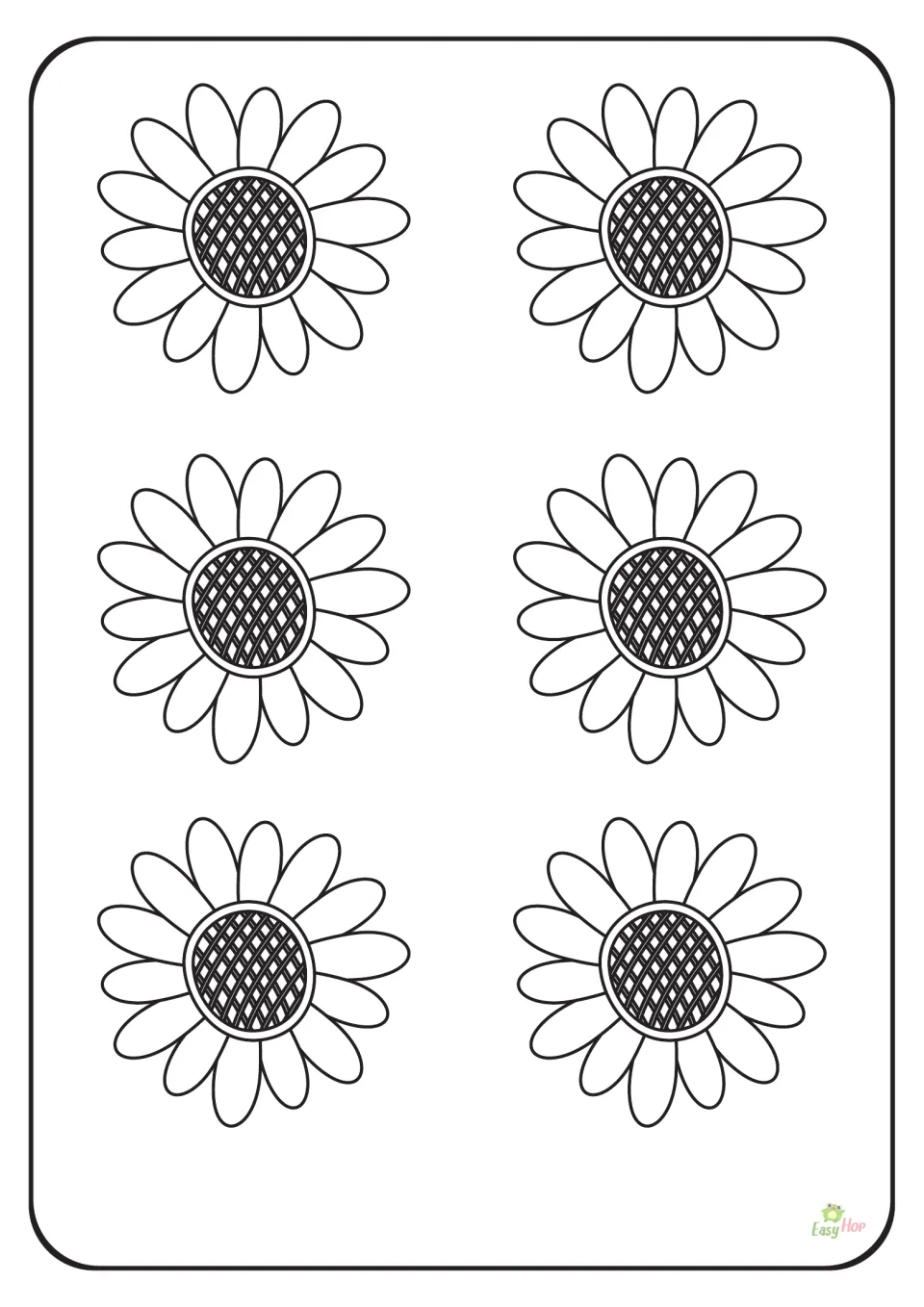 Sunflower template sheet in the three-page printable set, featuring six small flowers for cutting and tracing