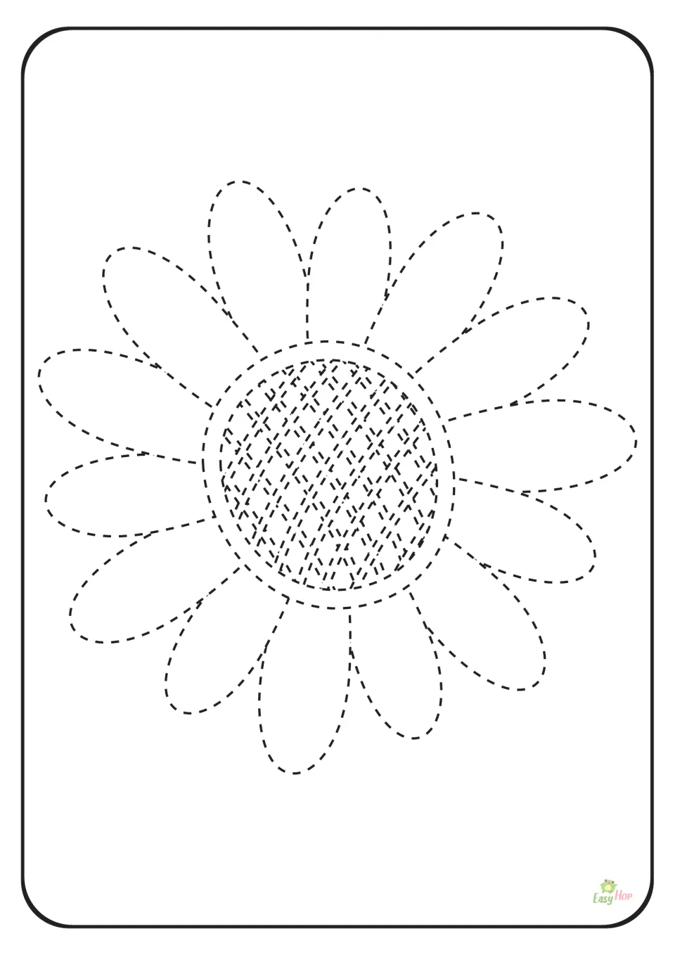 Sunflower tracing page in the three-page printable set, featuring one large flower drawn with dashed strokes