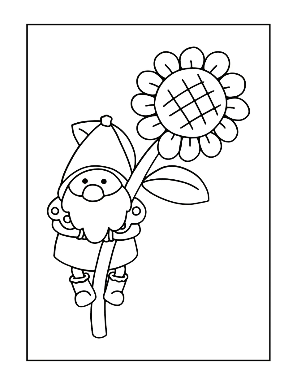 Sunflower gnome coloring design featuring a bearded gnome holding the stem of an oversized sunflower