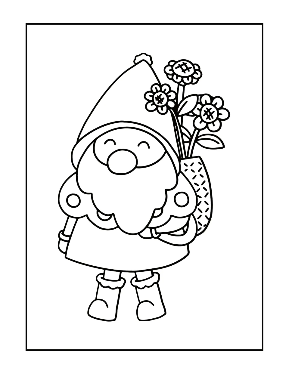 Sunflower gnome coloring design featuring a smiling, bearded gnome carrying three flowers in a basket