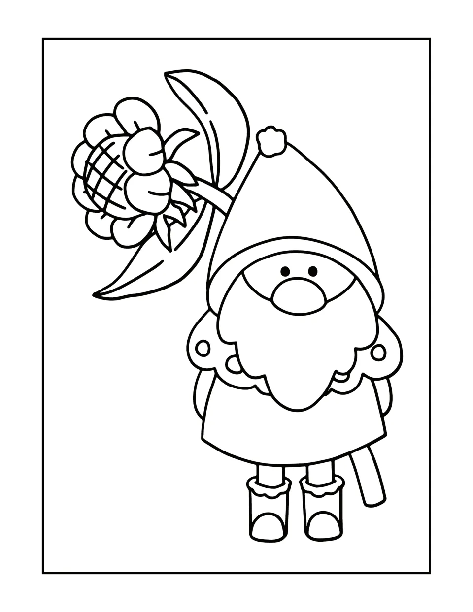 Sunflower gnome coloring design featuring a bearded gnome carrying a large sunflower behind its pointed hat