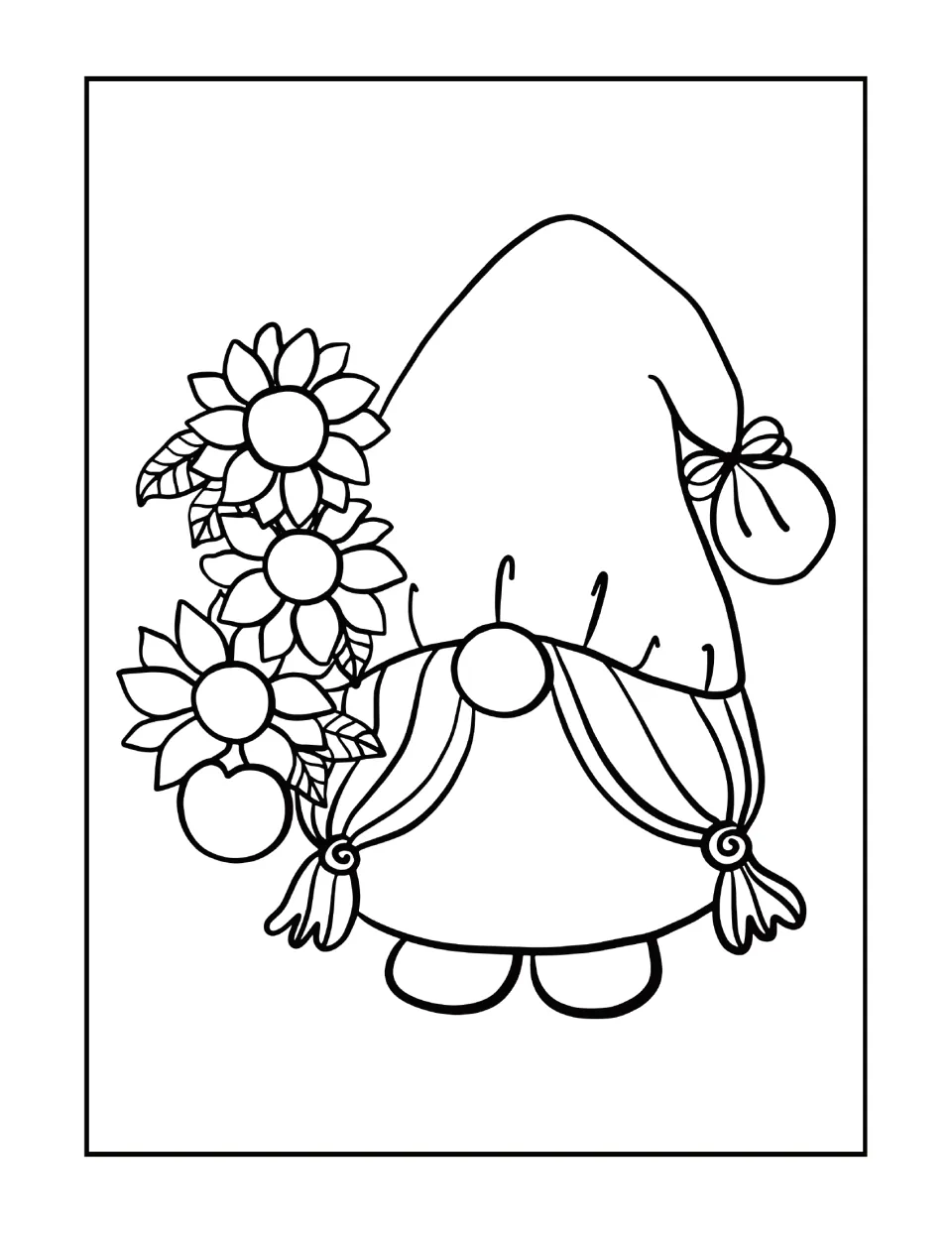 Sunflower gnome coloring design featuring a gnome with tied pigtails holding a cluster of three sunflowers