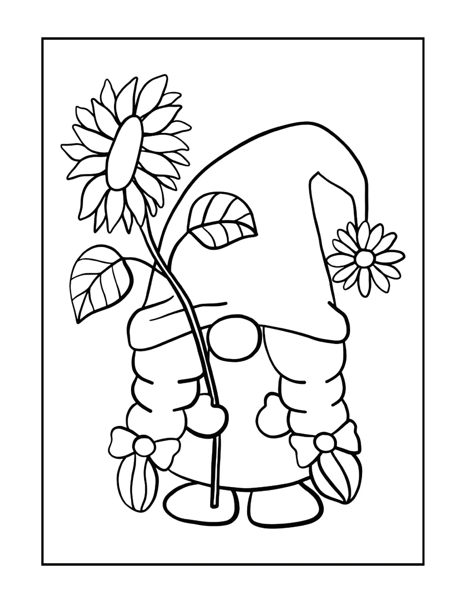 Sunflower gnome coloring design featuring a braided gnome holding a tall sunflower and wearing a flower-tipped hat