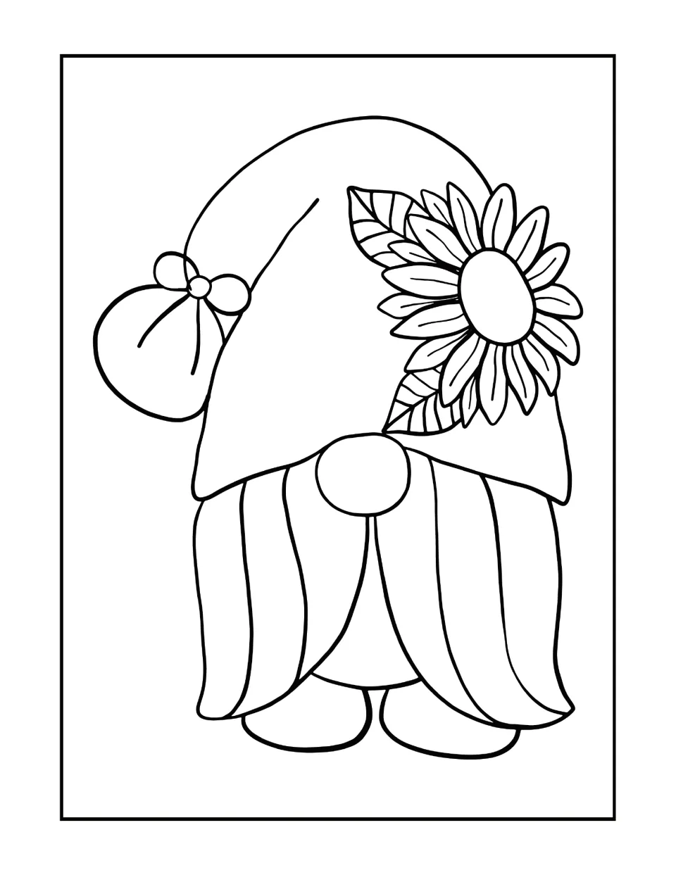 Sunflower gnome coloring design featuring a long-haired gnome with a large sunflower and leaves on its hat