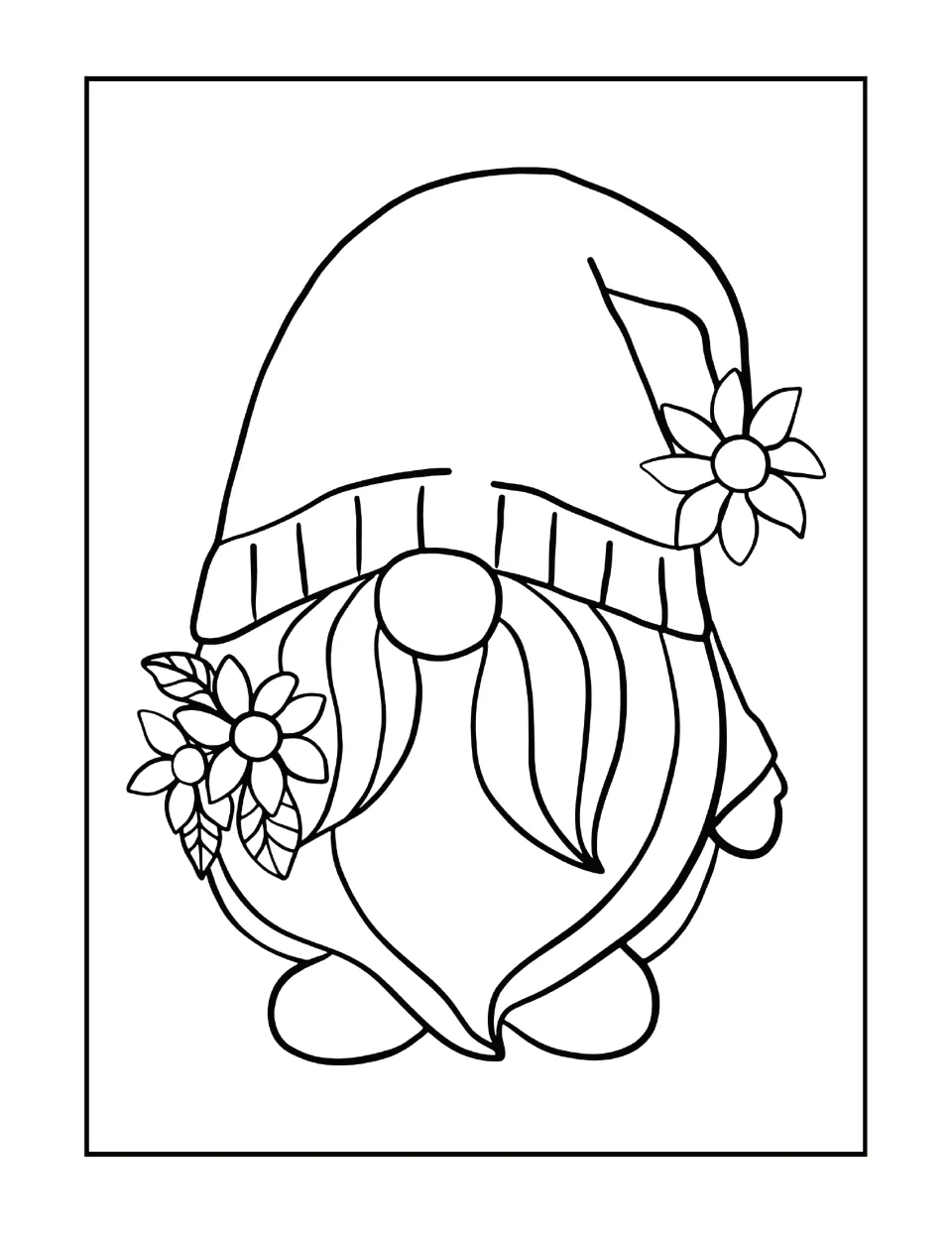 Sunflower gnome coloring design featuring a long-bearded gnome holding flowers beneath a flower-tipped hat