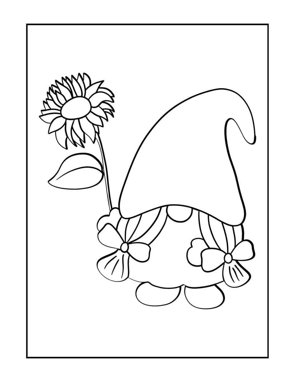 Sunflower gnome coloring design featuring a gnome with bow-tied pigtails holding a tall sunflower with one leaf