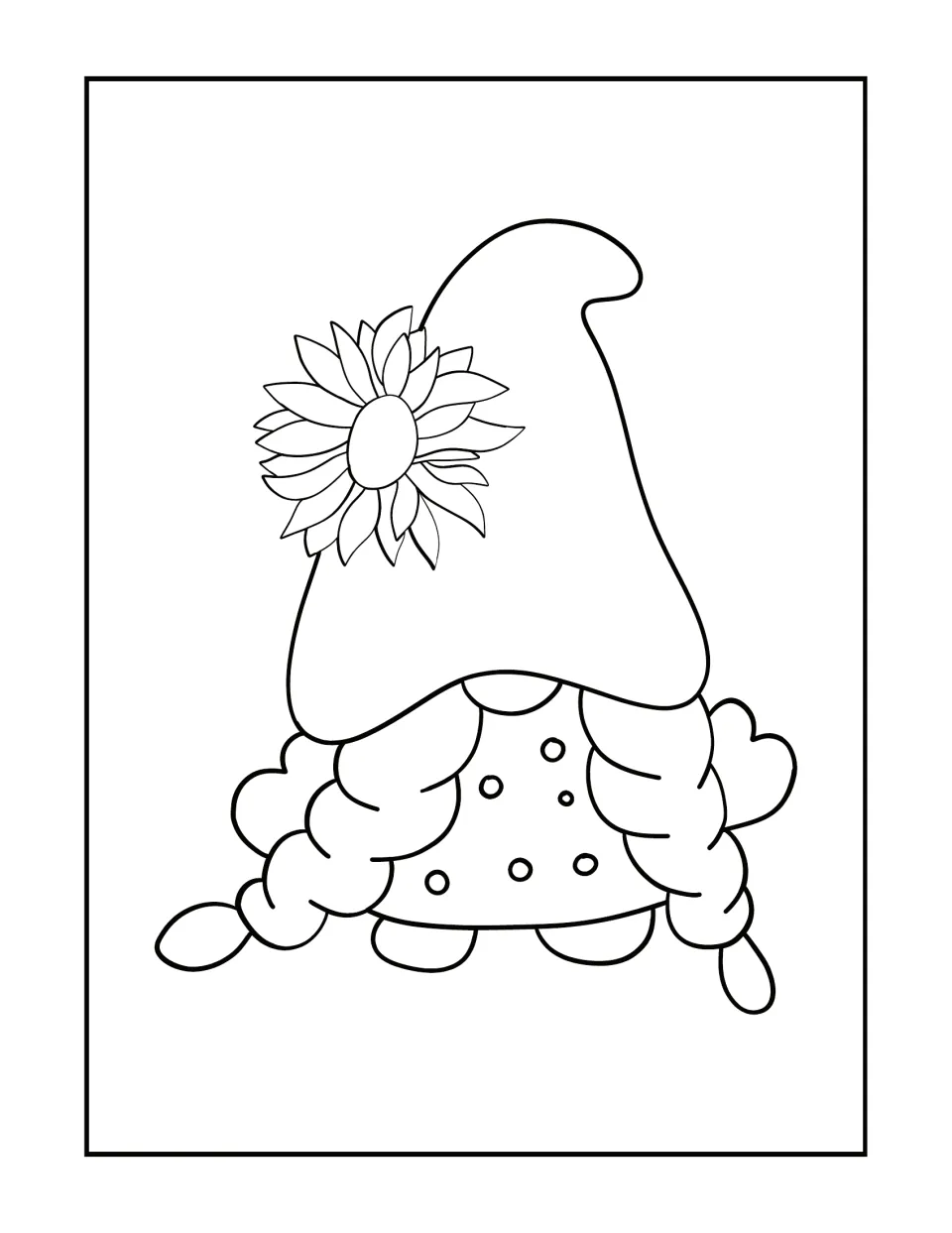 Sunflower gnome coloring design featuring a braided gnome in a dotted outfit and a hat decorated with a sunflower