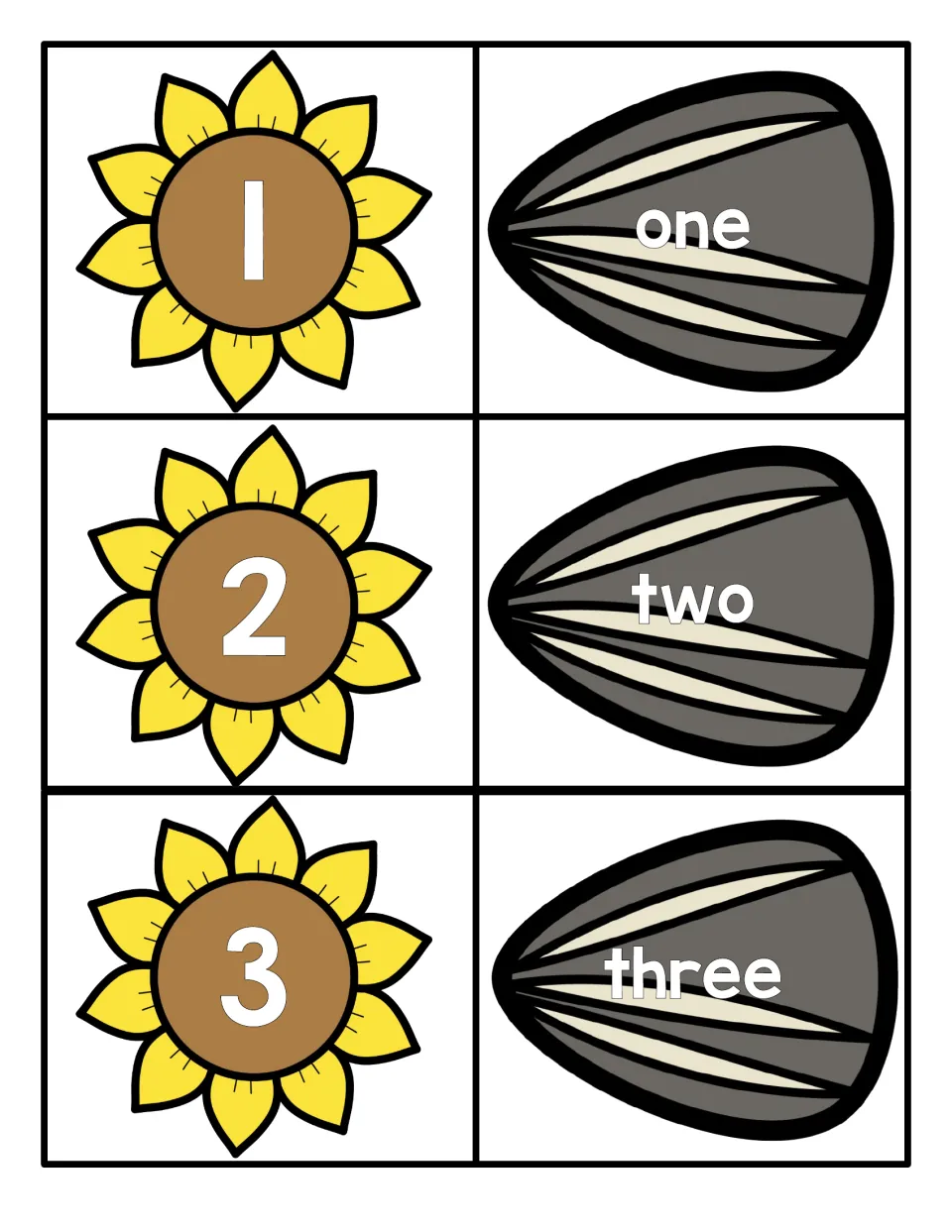 Numbers 1 to 3: sunflower cards showing each numeral beside seed cards reading one, two, three, for matching to words