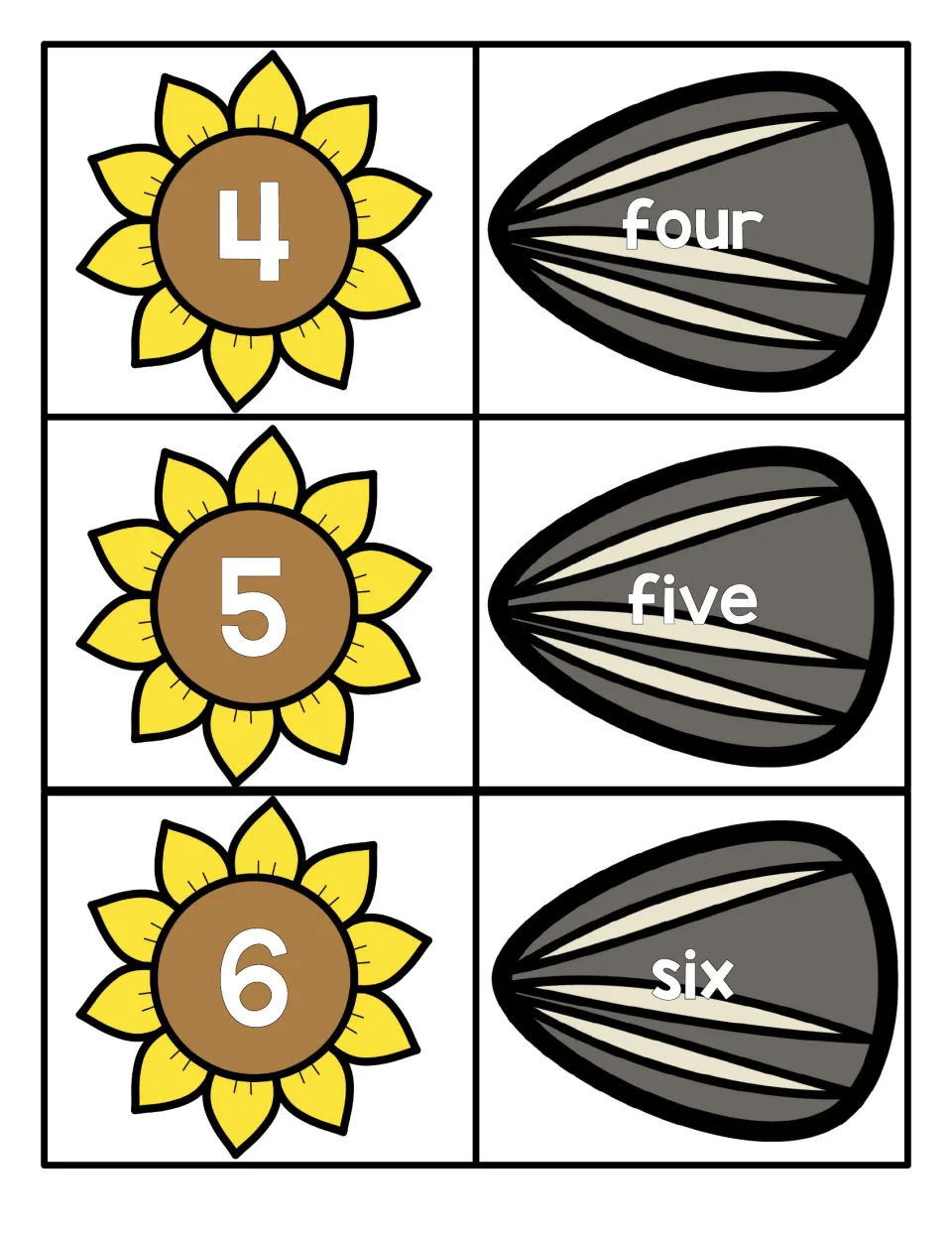 Numbers 4 to 6: sunflower numeral cards paired with sunflower seed cards spelling four, five and six for word matching