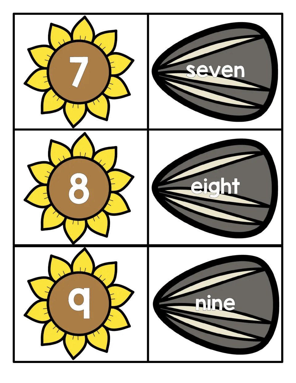 Numbers 7 to 9: flower cards with numerals 7, 8 and 9 next to seed cards with the words seven, eight and nine to match