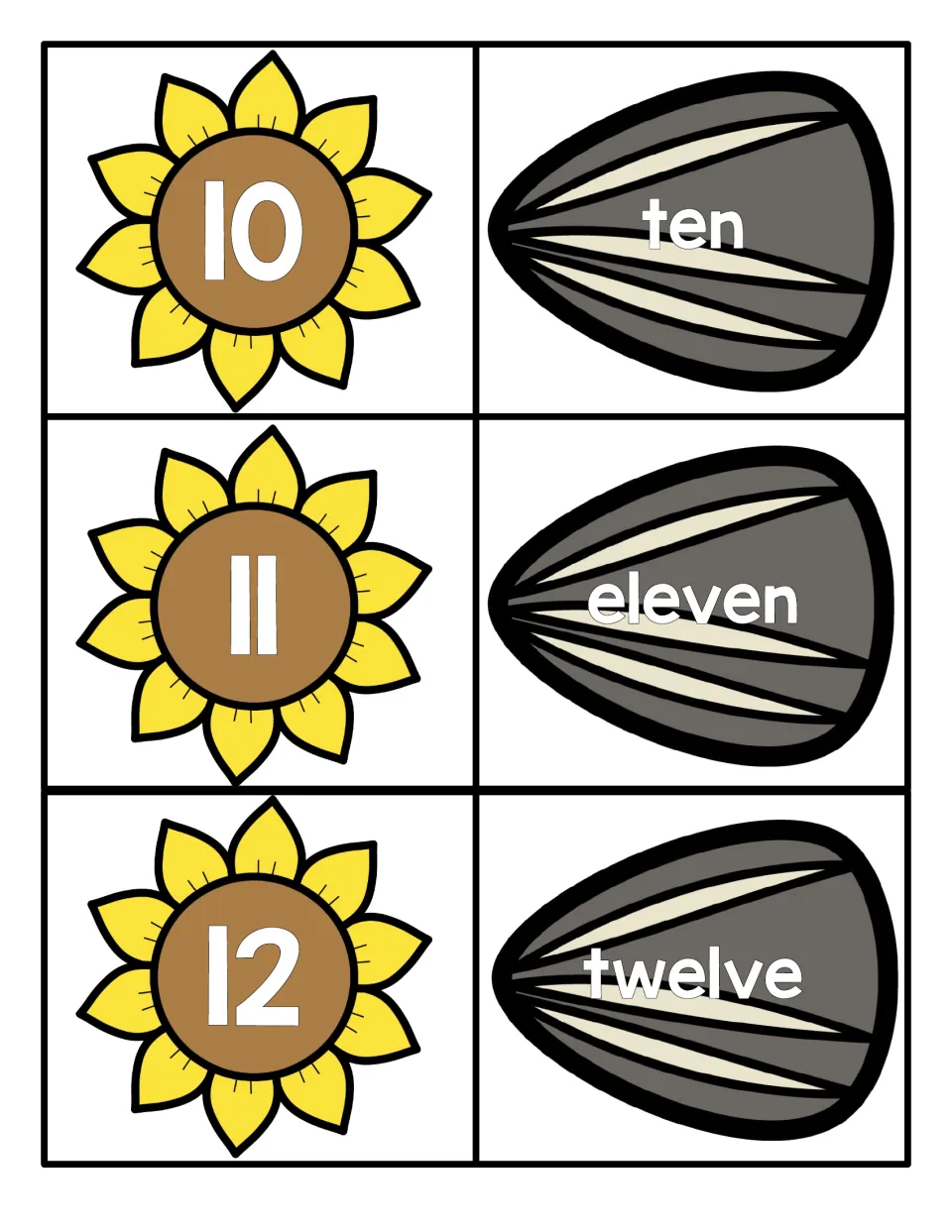 Numbers 10 to 12: sunflower cards with two-digit numerals 10, 11, 12 and seed cards reading ten, eleven, twelve to pair