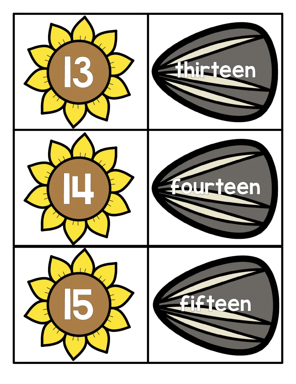 Teen numbers 13 to 15: sunflower numeral cards and seed word cards for thirteen, fourteen and fifteen to match together