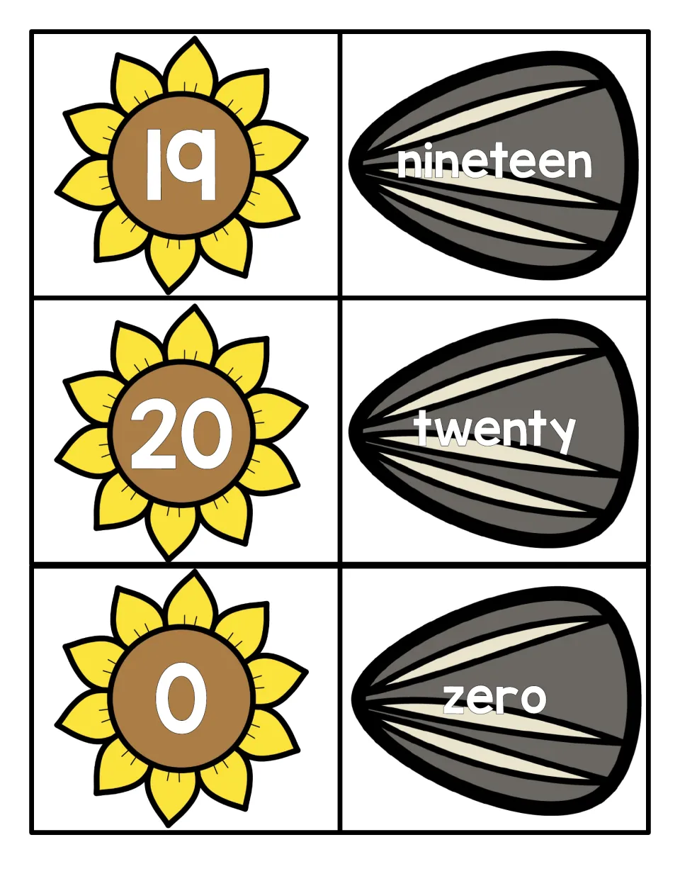 Numbers 19, 20 and 0: sunflower numeral cards with matching seed cards for the number words nineteen, twenty and zero