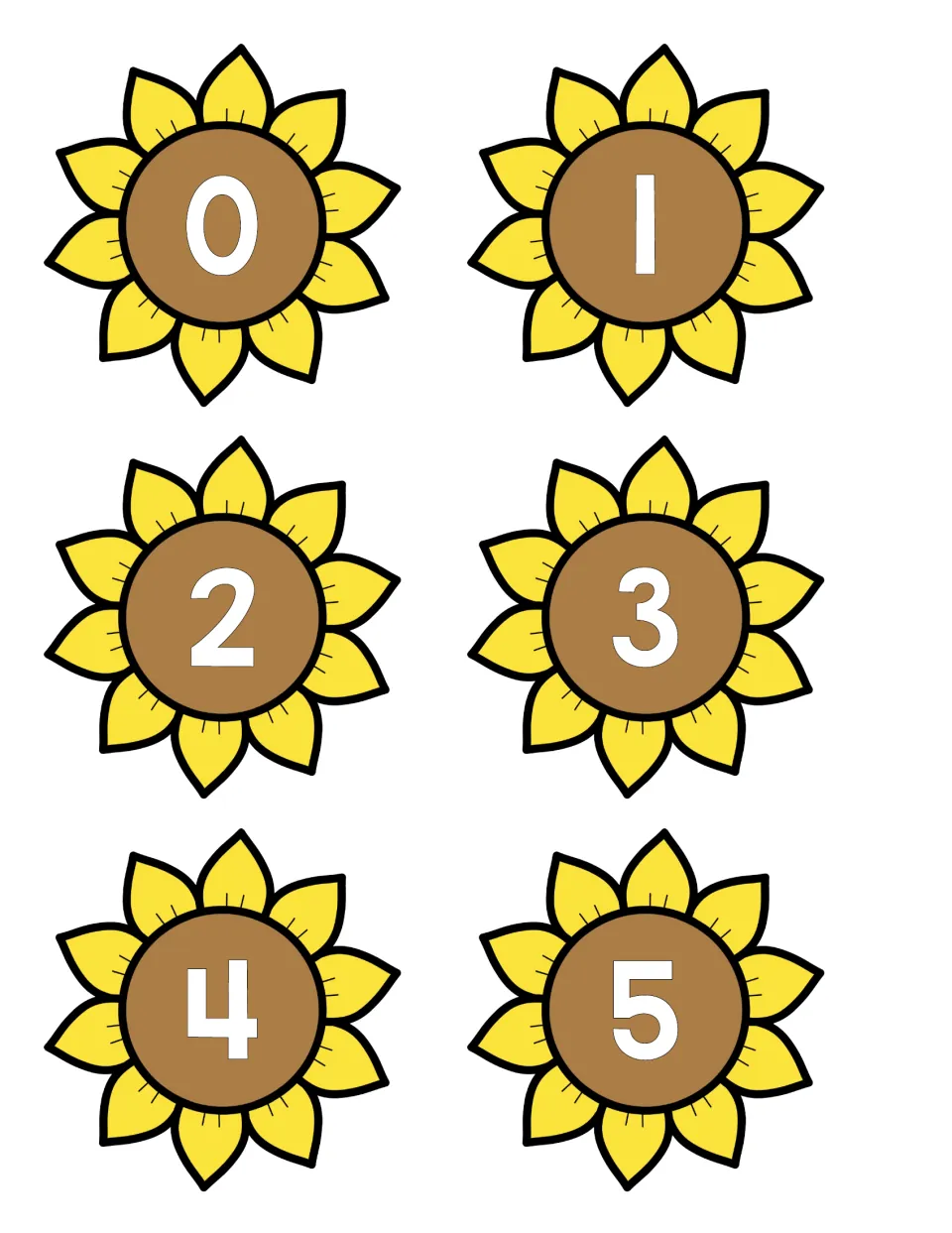 Number matching puzzle: six sunflower head cut-out pieces showing the numerals 0 to 5 for students to match to stems