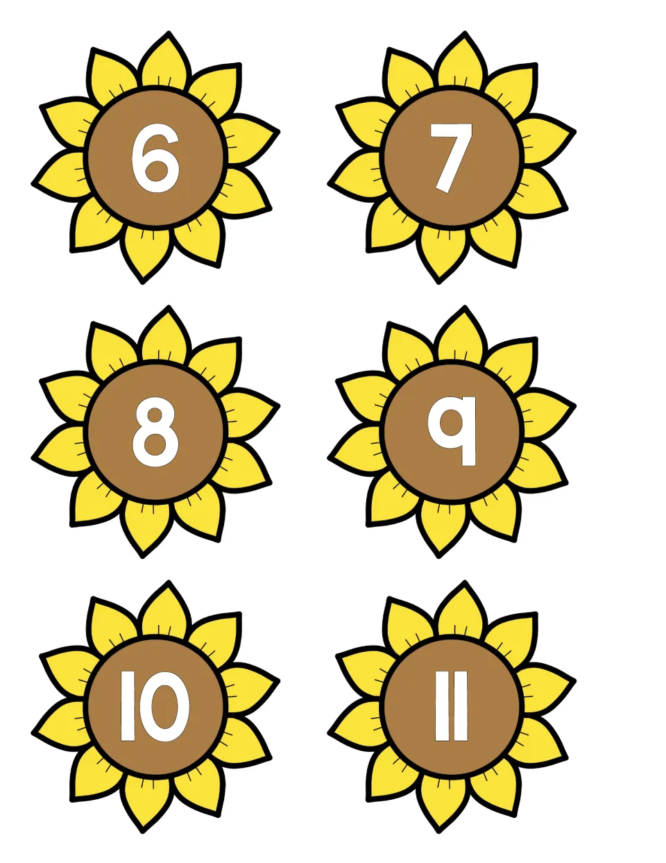Numeral recognition: sunflower head cut-out pieces numbered 6 to 11, each to be joined with its number-word stem