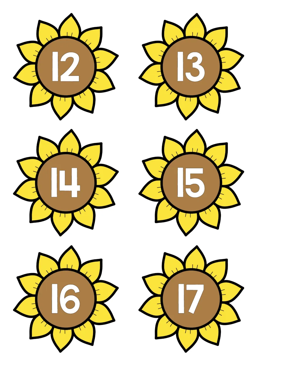 Teen numbers: six sunflower head cut-out pieces labeled 12 through 17 for matching numerals to number words