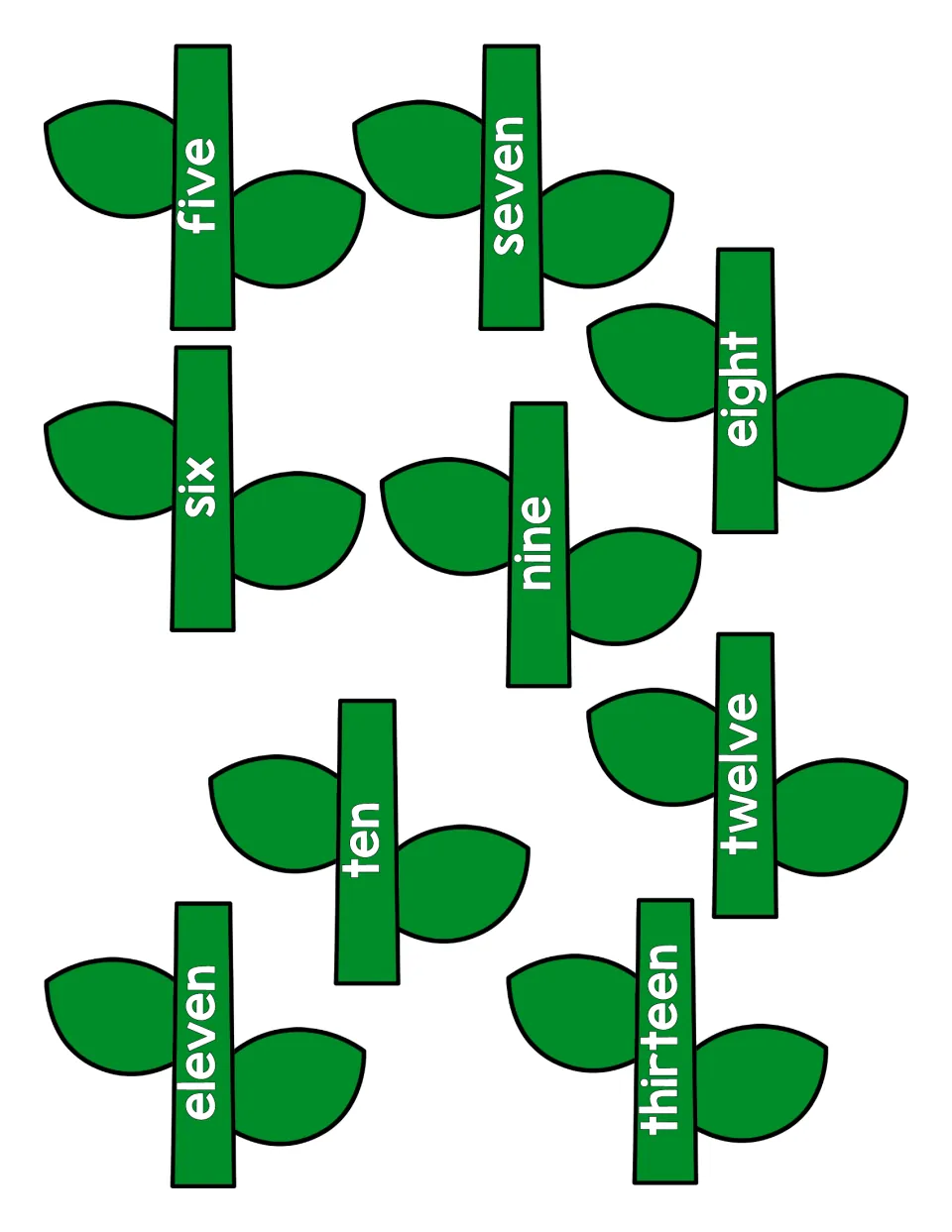 Number words five to thirteen on leafy green stem cut-out pieces that students match to the numeral sunflower heads