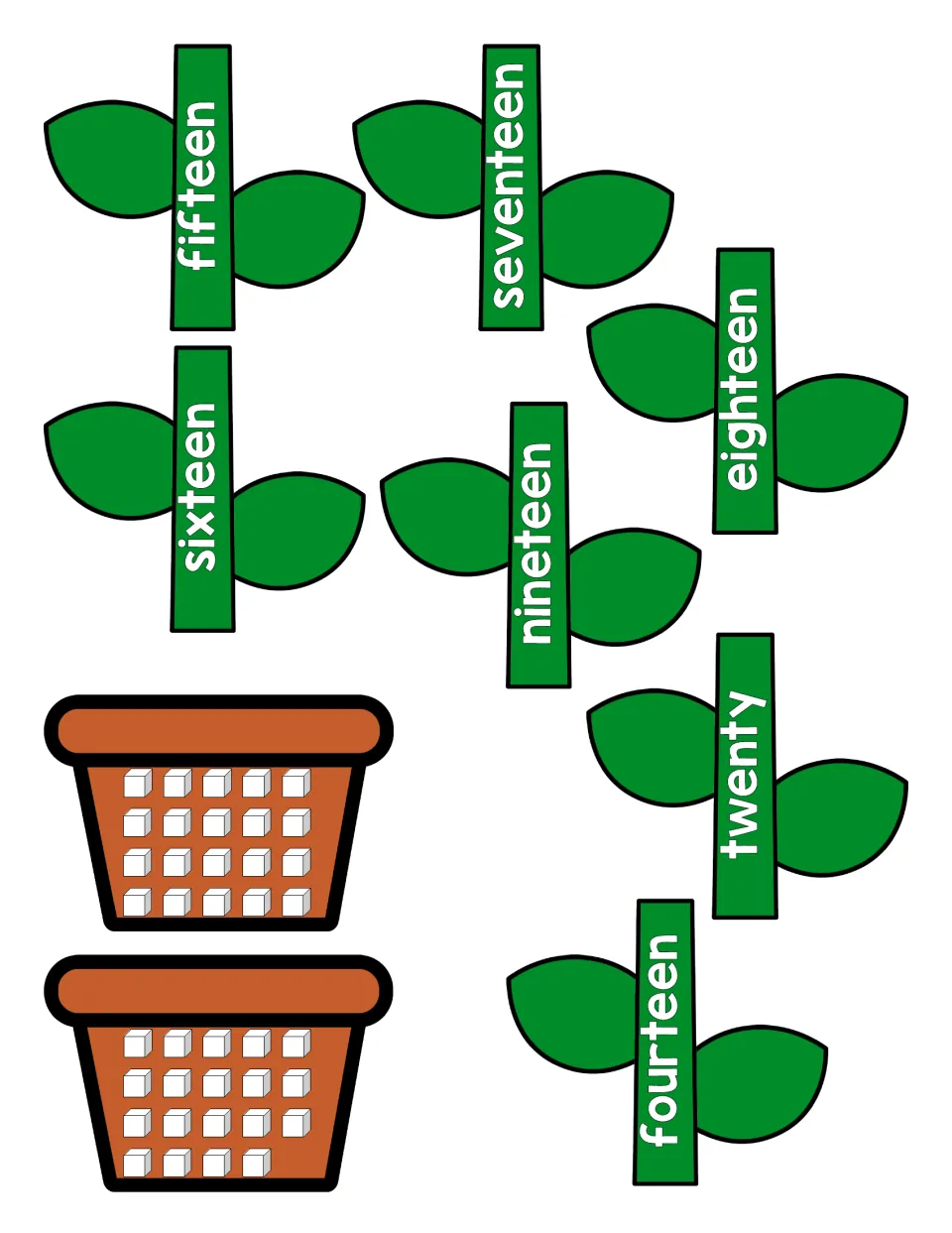 Stem cut-out pieces for fourteen to twenty, plus two flowerpots showing 20 and 19 cubes to count and match to a sunflower