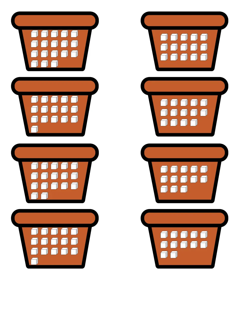 Counting cubes: eight flowerpot cut-out pieces holding 12 to 18 cubes each for students to count and match to a numeral