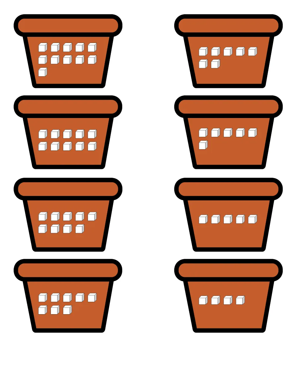 Counting to 11: eight flowerpot cut-out pieces holding 4, 5, 6, 7, 8, 9, 10 and 11 cubes to match with sunflower numerals