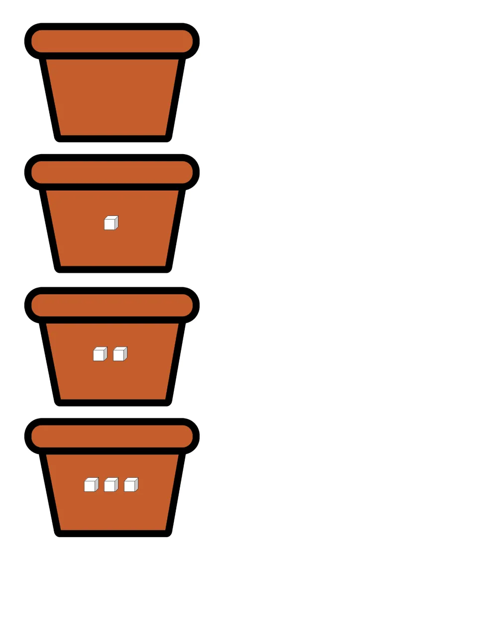 Small quantities: four flowerpot cut-out pieces with 0, 1, 2 and 3 cubes, including an empty pot to match with zero