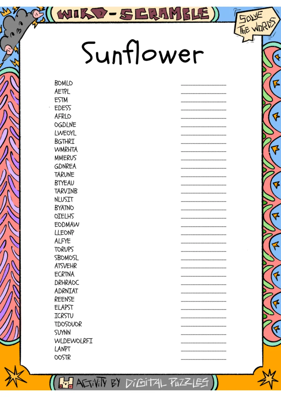 Sunflower word scramble: students unscramble 34 garden and nature words such as BOMLO, AETPL and ESTM to spell them