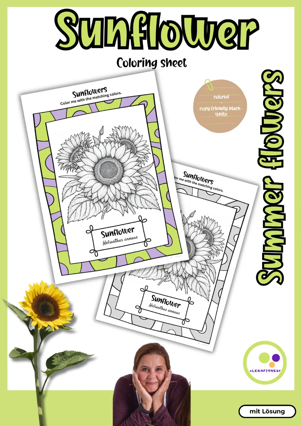 Cover of the sunflower coloring resource, showing the color and black-and-white versions of the flower sheet.