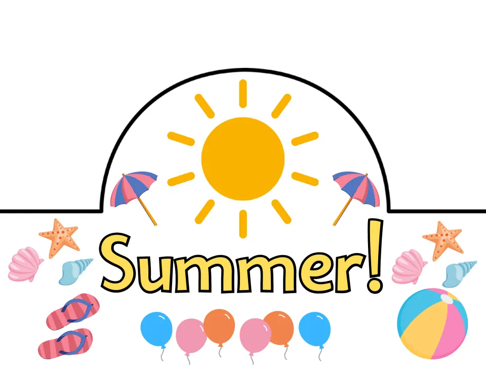 Pre-colored summer hat or crown reading "Summer!", one of five messages shown in paired color versions