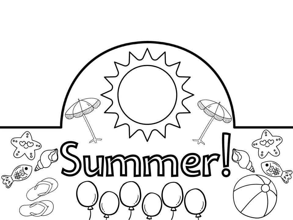 Black-and-white summer hat or crown to color, reading "Summer!", with a sun, beach items, and balloons
