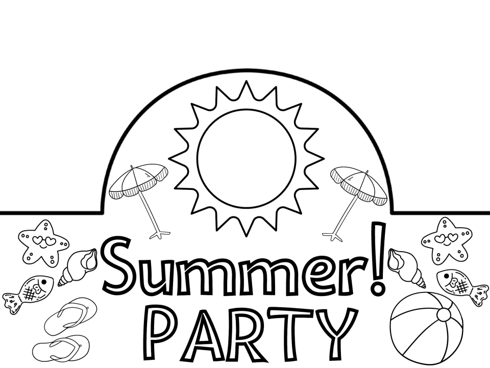 Black-and-white summer hat or crown to color, reading "Summer! PARTY", with a sun and beach pictures