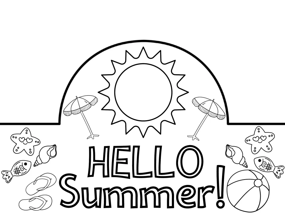 Black-and-white summer hat or crown to color, reading "HELLO Summer!", with a sun and beach pictures