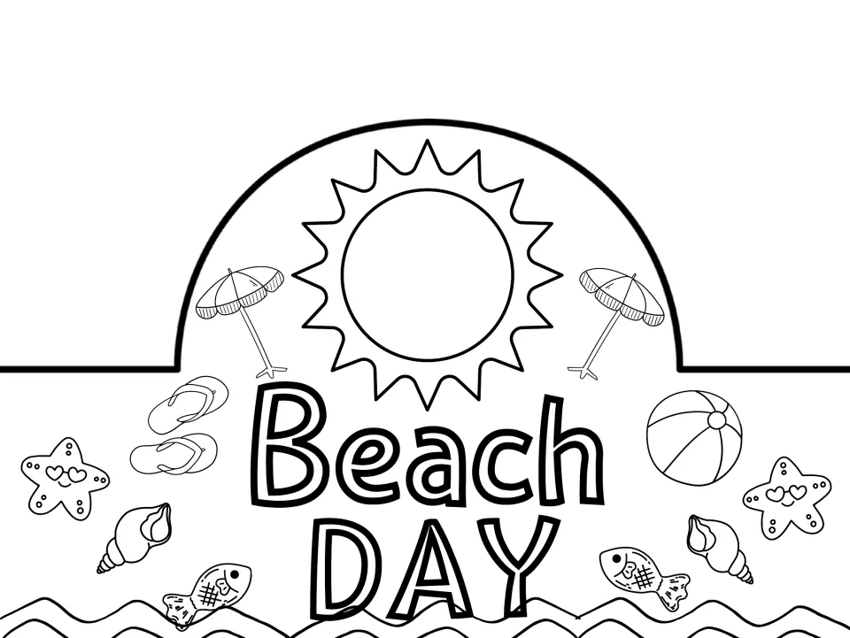 Black-and-white summer hat or crown to color, reading "Beach DAY", with a sun, beach items, and fish