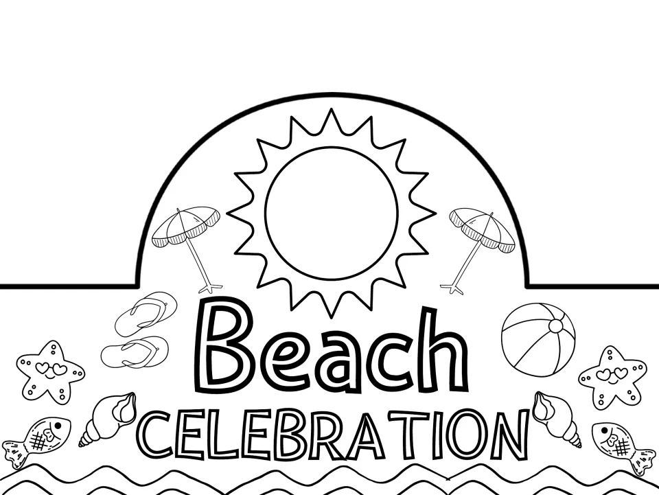 Black-and-white summer hat or crown to color, reading "Beach CELEBRATION", with a sun and beach pictures