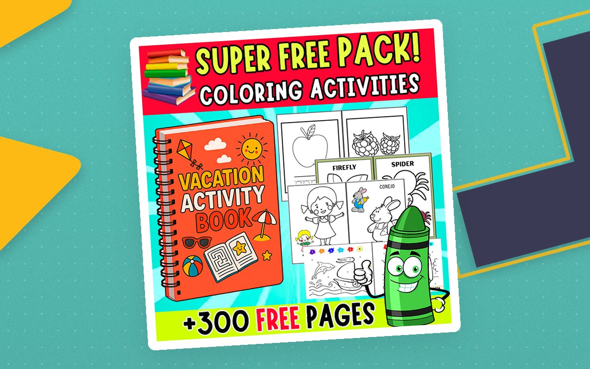 Super Book of Activities first image with a vacation activity-book cover, fruit and spider pages, and 300-free-pages banner