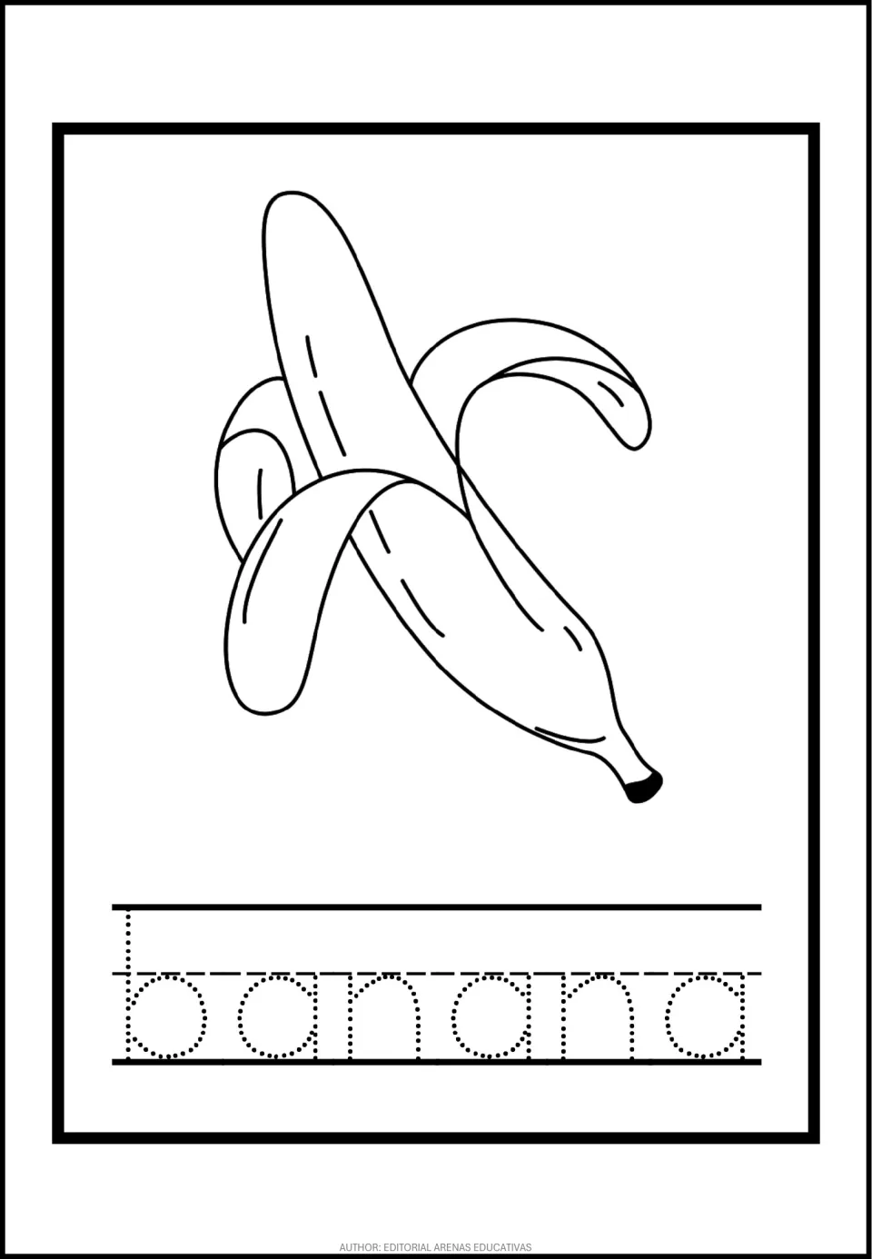 Banana coloring and word tracing: students color a half-peeled fruit, then trace its dotted name to practise handwriting