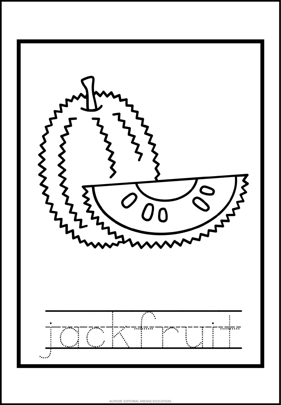 Jackfruit coloring and tracing: students color a spiky whole fruit and a seeded slice, then trace its dotted name