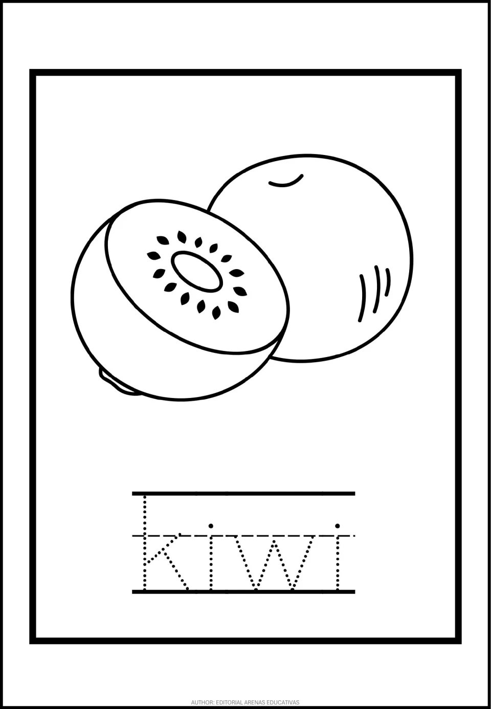 Kiwi coloring and tracing: students color a whole fruit and a halved one showing seeds, then trace the dotted word