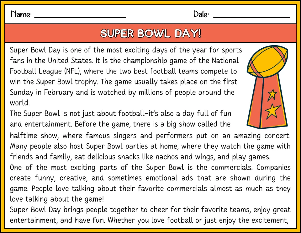 Color reading passage about the Super Bowl championship, halftime show, parties, snacks, and commercials